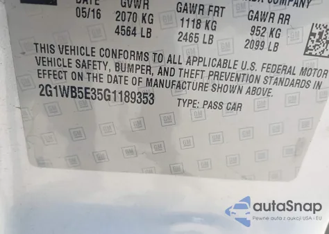 2016 Chevrolet Impala Limited Lt из США, поврежденный, VIN 2G1WB5E35G1189353